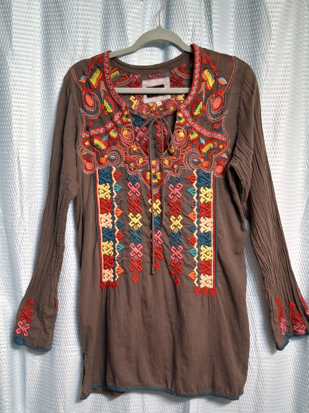 Johnny Was Biya Olive Green Embroidered Boho Tunic with Lace-Up Neckline